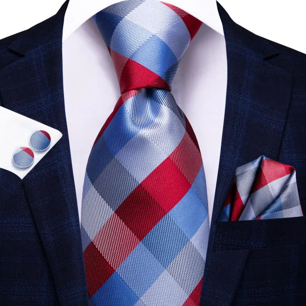 Hi-Tie Designer Silk Wedding Tie For Men Blue White Plaid Handky Cufflink Set Fashion Necktie For Men Business Party Wholesale
