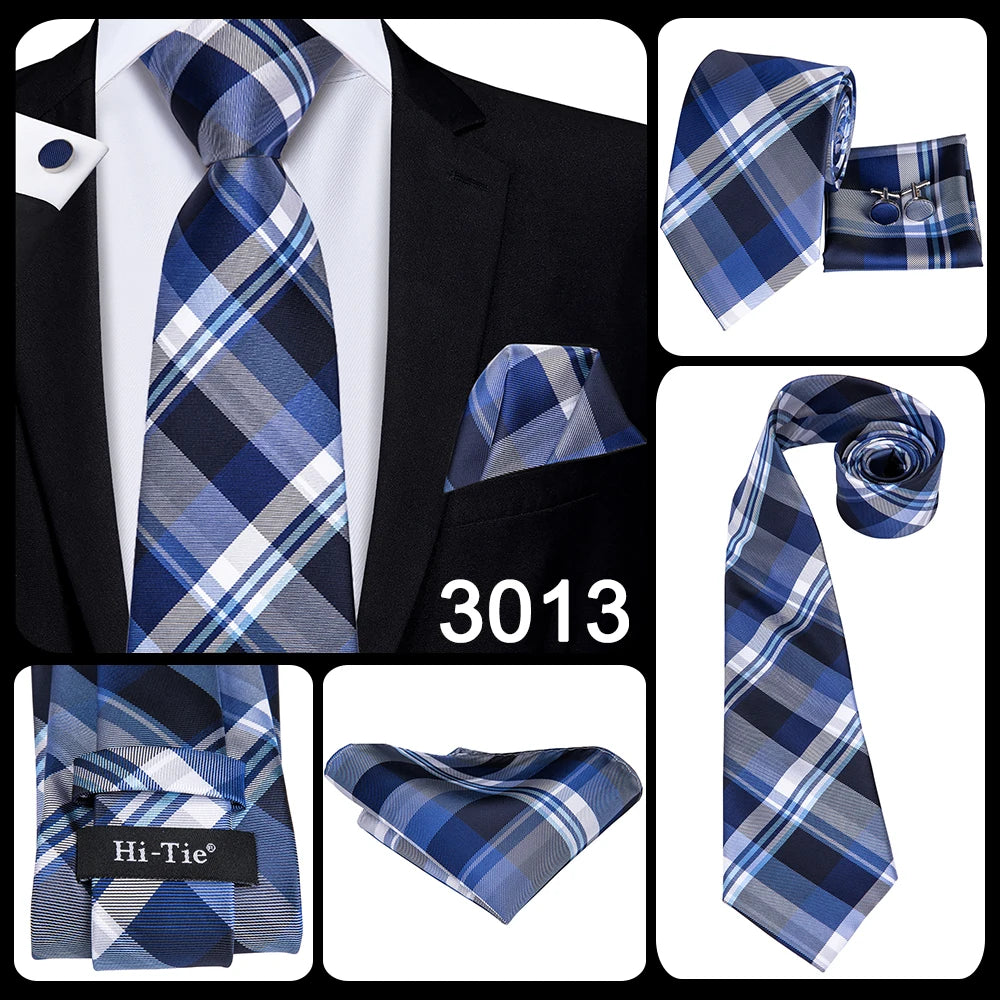 Hi-Tie Designer Silk Wedding Tie For Men Blue White Plaid Handky Cufflink Set Fashion Necktie For Men Business Party Wholesale