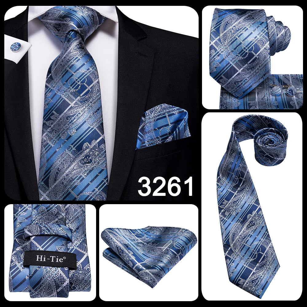 Hi-Tie Designer Silk Wedding Tie For Men Blue White Plaid Handky Cufflink Set Fashion Necktie For Men Business Party Wholesale
