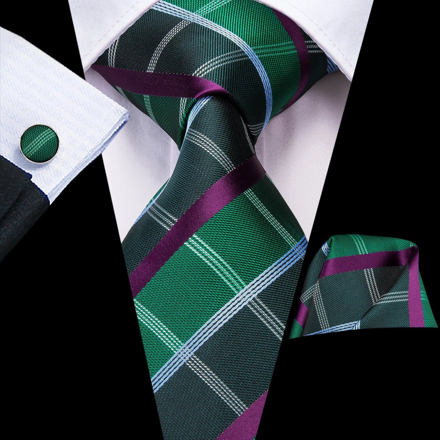 Hi-Tie Designer Silk Wedding Tie For Men Blue White Plaid Handky Cufflink Set Fashion Necktie For Men Business Party Wholesale