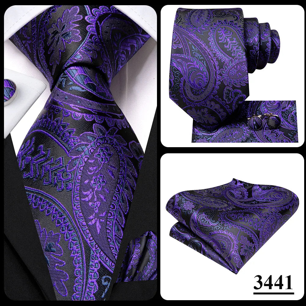 Hi-Tie Purple Silver Striped Silk Elegant Tie For Men Groom Wedding Men Necktie Pocket Square Cufflink Accessory Wholesale