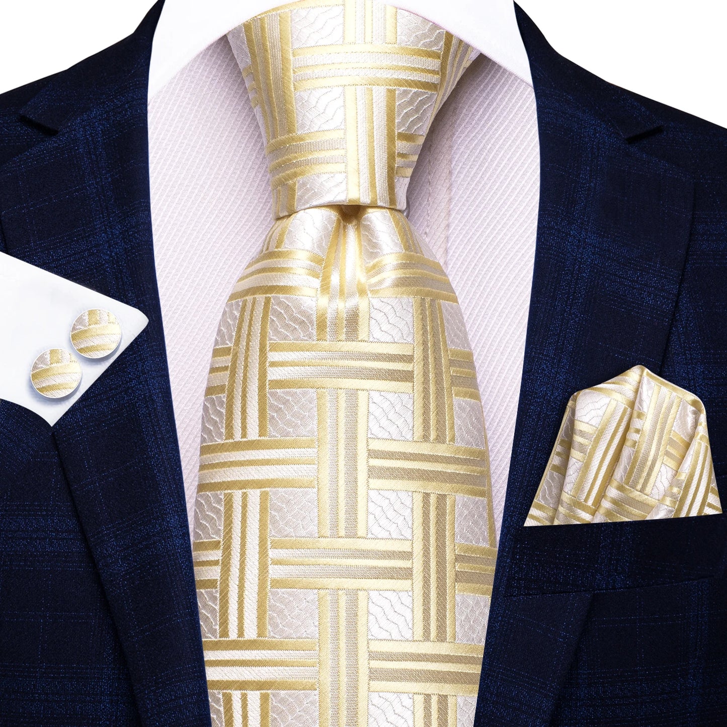 Hi-Tie Designer Silk Wedding Tie For Men Blue White Plaid Handky Cufflink Set Fashion Necktie For Men Business Party Wholesale