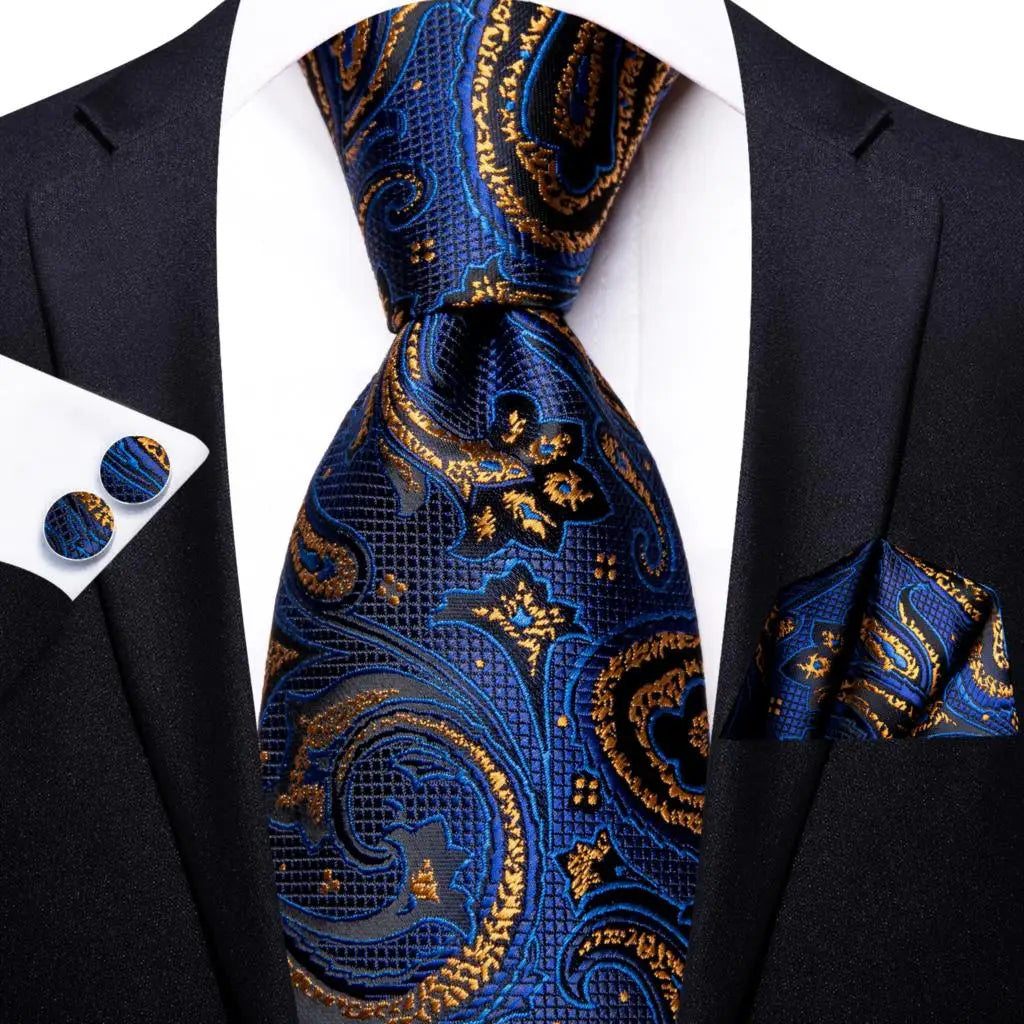 Hi-Tie Navy Blue Floral Striped Silk Elegant Tie For Men Groom Wedding Men Necktie Pocket Square Cufflink Accessory Wholesale