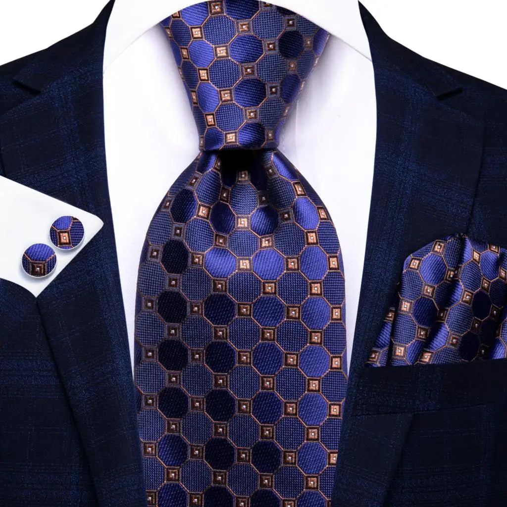 Hi-Tie Navy Blue Floral Striped Silk Elegant Tie For Men Groom Wedding Men Necktie Pocket Square Cufflink Accessory Wholesale