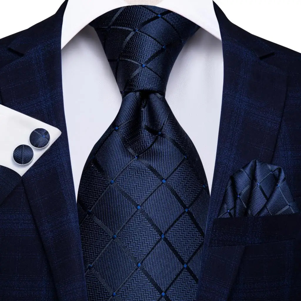 Hi-Tie Navy Blue Floral Striped Silk Elegant Tie For Men Groom Wedding Men Necktie Pocket Square Cufflink Accessory Wholesale