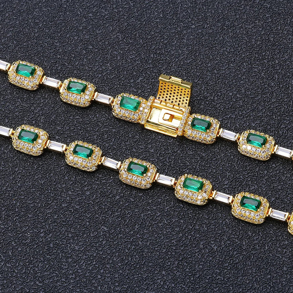ESKEEM Fashion Jewelry Iced Emerald Cushion Cut Diamond Bracelet White Gold Inlaid Green Baguette Zircon Women's Bracelet 