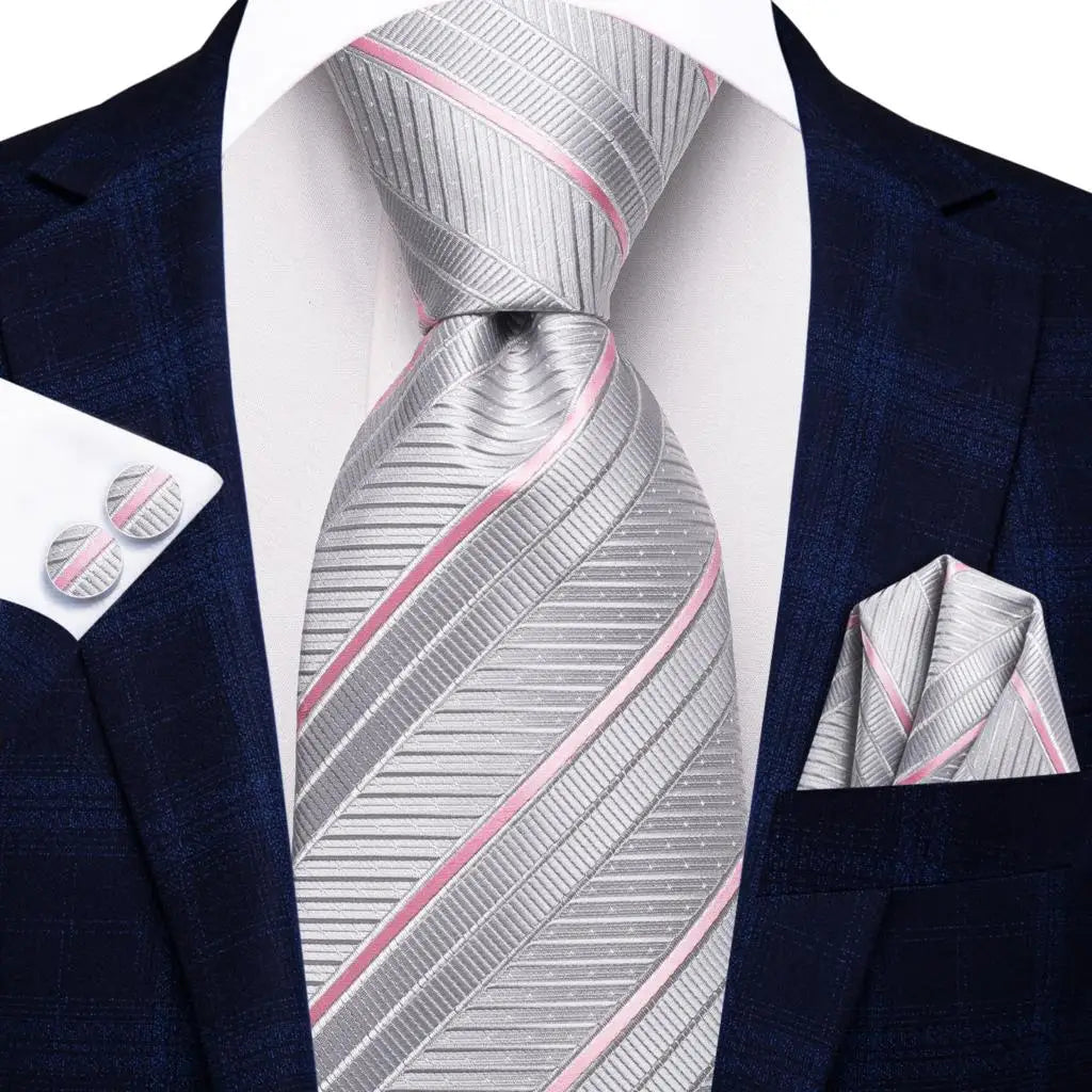 Hi-Tie Purple Silver Striped Silk Elegant Tie For Men Groom Wedding Men Necktie Pocket Square Cufflink Accessory Wholesale