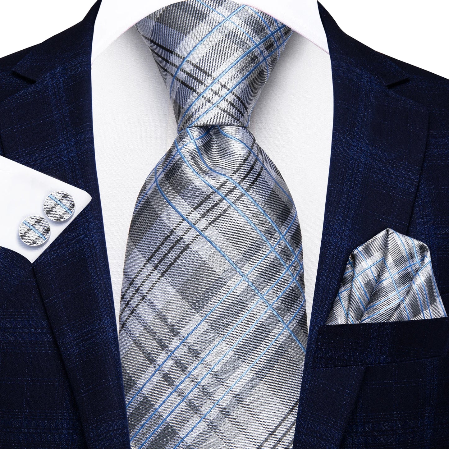 Hi-Tie Designer Silk Wedding Tie For Men Blue White Plaid Handky Cufflink Set Fashion Necktie For Men Business Party Wholesale