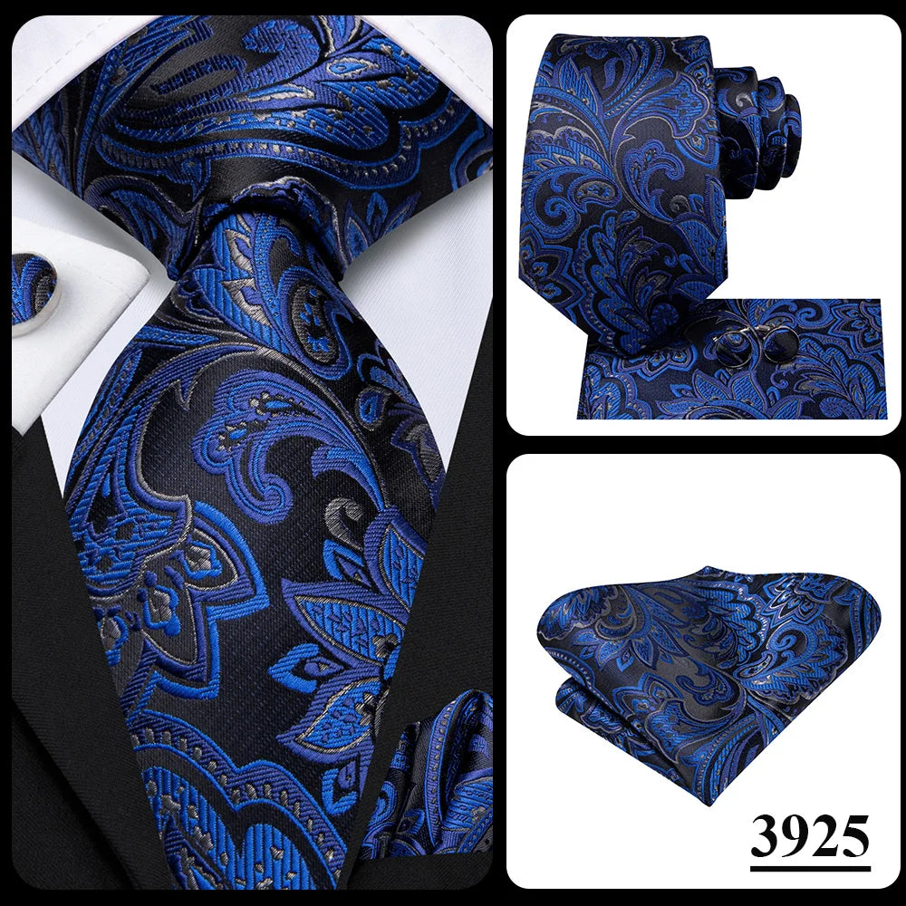 Hi-Tie Navy Blue Floral Striped Silk Elegant Tie For Men Groom Wedding Men Necktie Pocket Square Cufflink Accessory Wholesale
