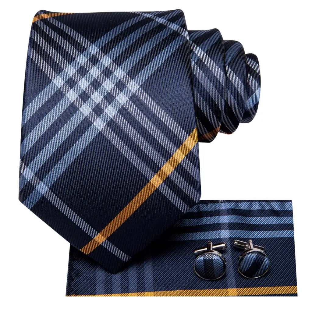 Hi-Tie Designer Silk Wedding Tie For Men Blue White Plaid Handky Cufflink Set Fashion Necktie For Men Business Party Wholesale