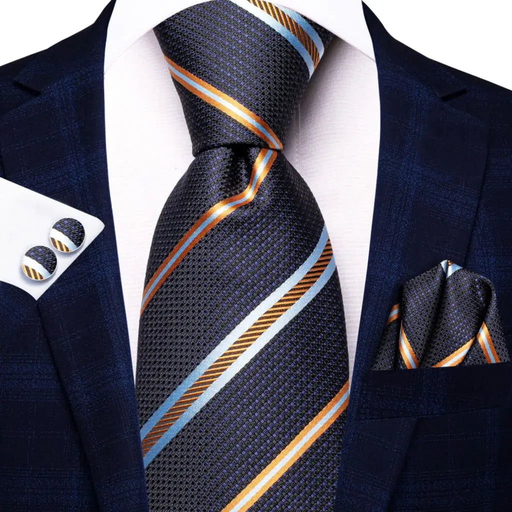 Hi-Tie Navy Blue Floral Striped Silk Elegant Tie For Men Groom Wedding Men Necktie Pocket Square Cufflink Accessory Wholesale