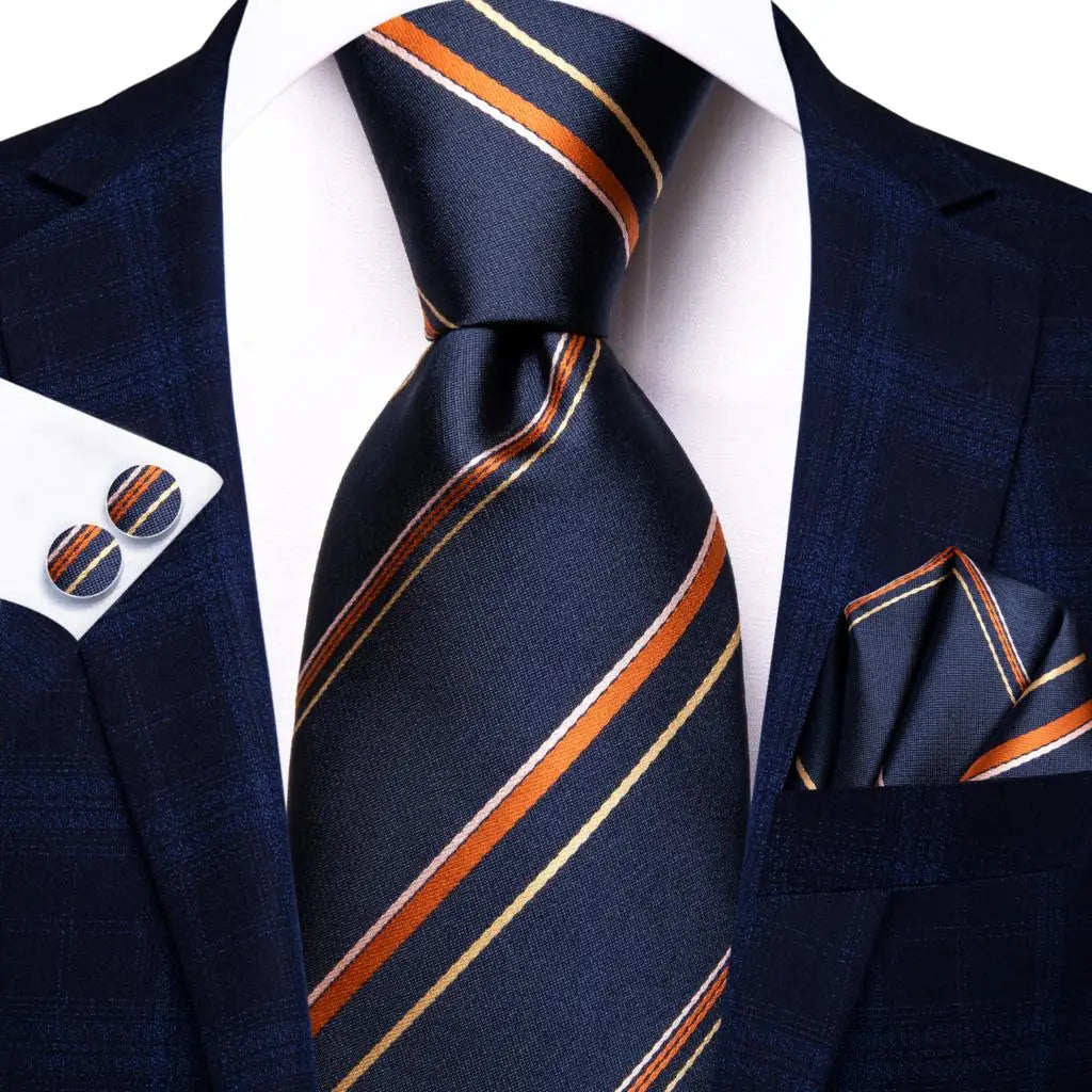 Hi-Tie Navy Blue Floral Striped Silk Elegant Tie For Men Groom Wedding Men Necktie Pocket Square Cufflink Accessory Wholesale