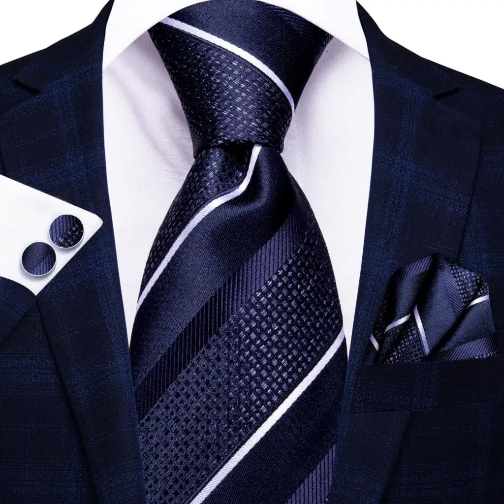 Hi-Tie Navy Blue Floral Striped Silk Elegant Tie For Men Groom Wedding Men Necktie Pocket Square Cufflink Accessory Wholesale