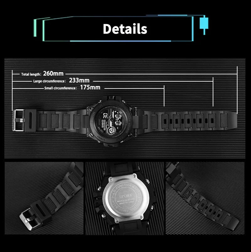YIKAZE Men's Sports Watch Waterproof Man Sport Watches Multifuction LED Digital Military Watch Alarm Clock Electronic Wristwatch