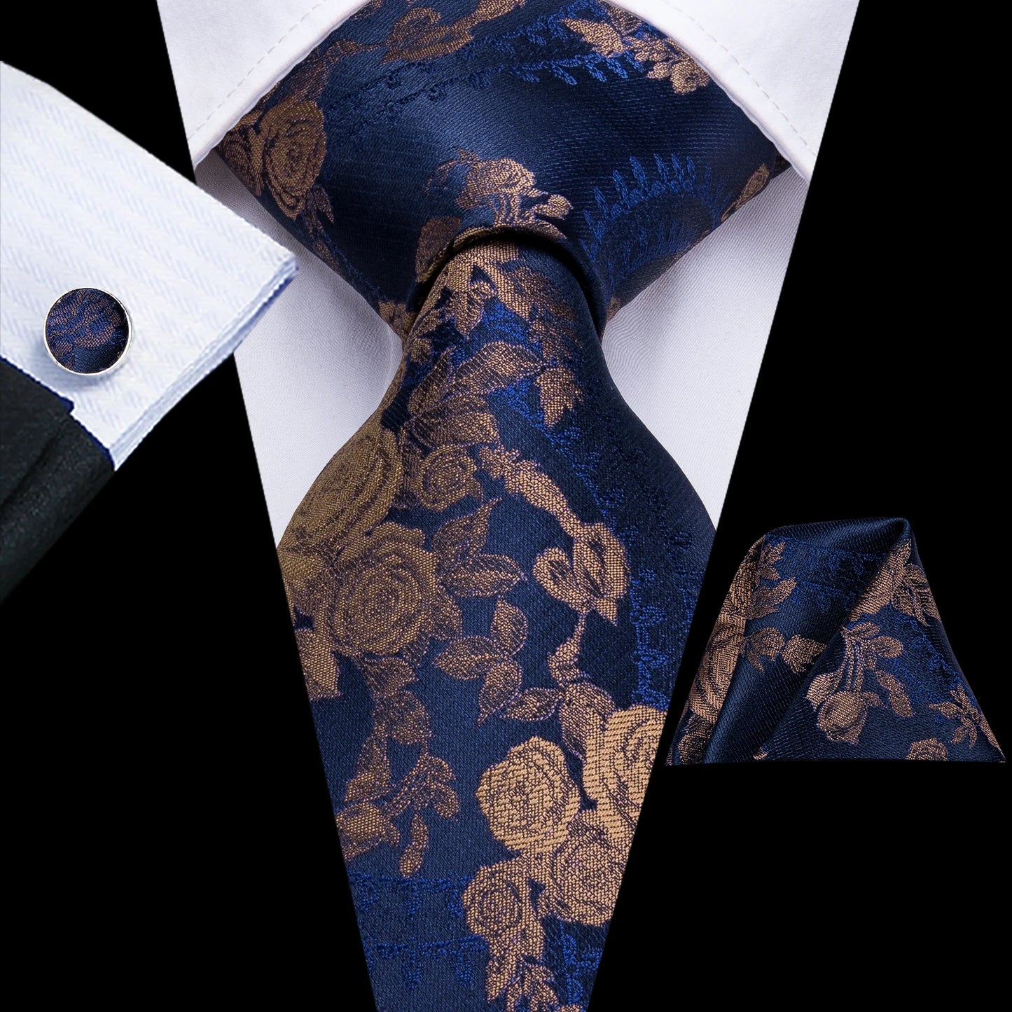 Hi-Tie Navy Blue Floral Striped Silk Elegant Tie For Men Groom Wedding Men Necktie Pocket Square Cufflink Accessory Wholesale