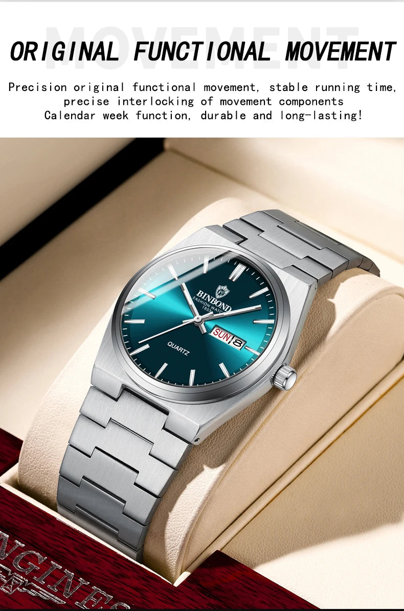 BINBOND Luxury Quartz Man Wristwatch Sport Men Watches Waterproof Luminous Date Week Stainless Steel Men's Watch Male Reloj+box