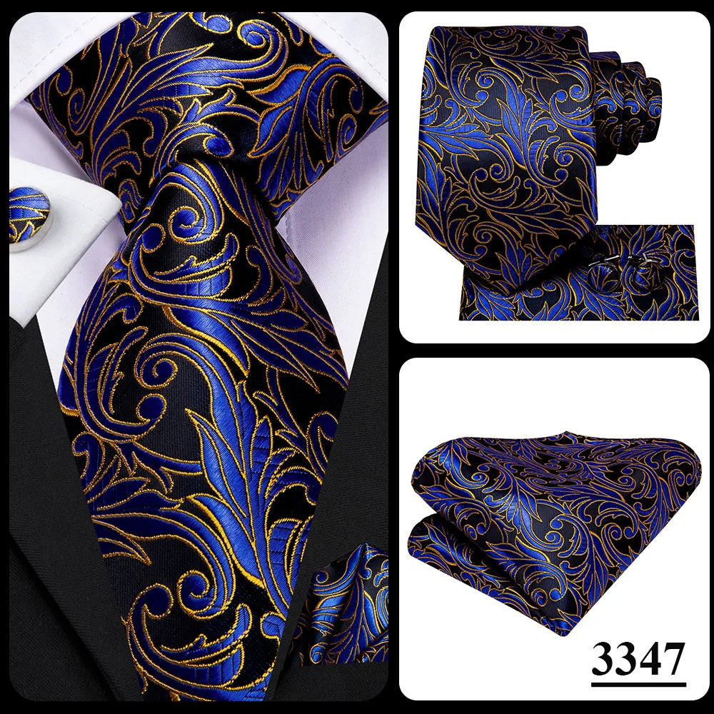 Hi-Tie Navy Blue Floral Striped Silk Elegant Tie For Men Groom Wedding Men Necktie Pocket Square Cufflink Accessory Wholesale