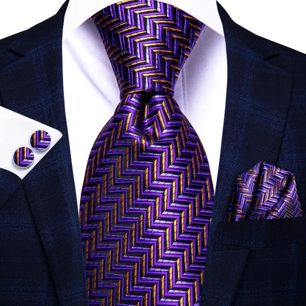 Hi-Tie Purple Silver Striped Silk Elegant Tie For Men Groom Wedding Men Necktie Pocket Square Cufflink Accessory Wholesale