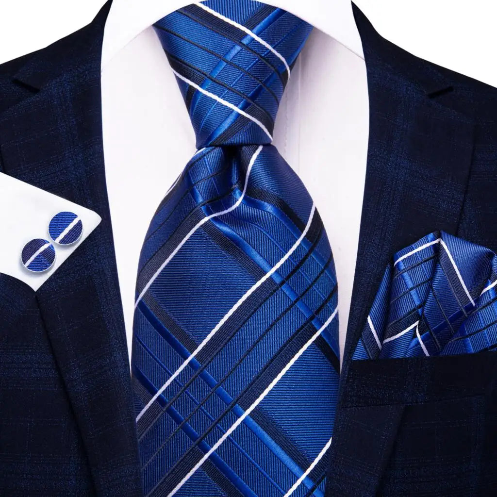 Hi-Tie Navy Blue Floral Striped Silk Elegant Tie For Men Groom Wedding Men Necktie Pocket Square Cufflink Accessory Wholesale