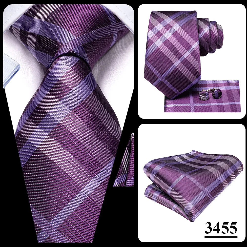 Hi-Tie Purple Silver Striped Silk Elegant Tie For Men Groom Wedding Men Necktie Pocket Square Cufflink Accessory Wholesale