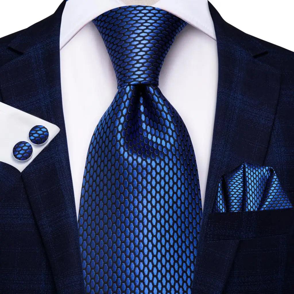 Hi-Tie Navy Blue Floral Striped Silk Elegant Tie For Men Groom Wedding Men Necktie Pocket Square Cufflink Accessory Wholesale