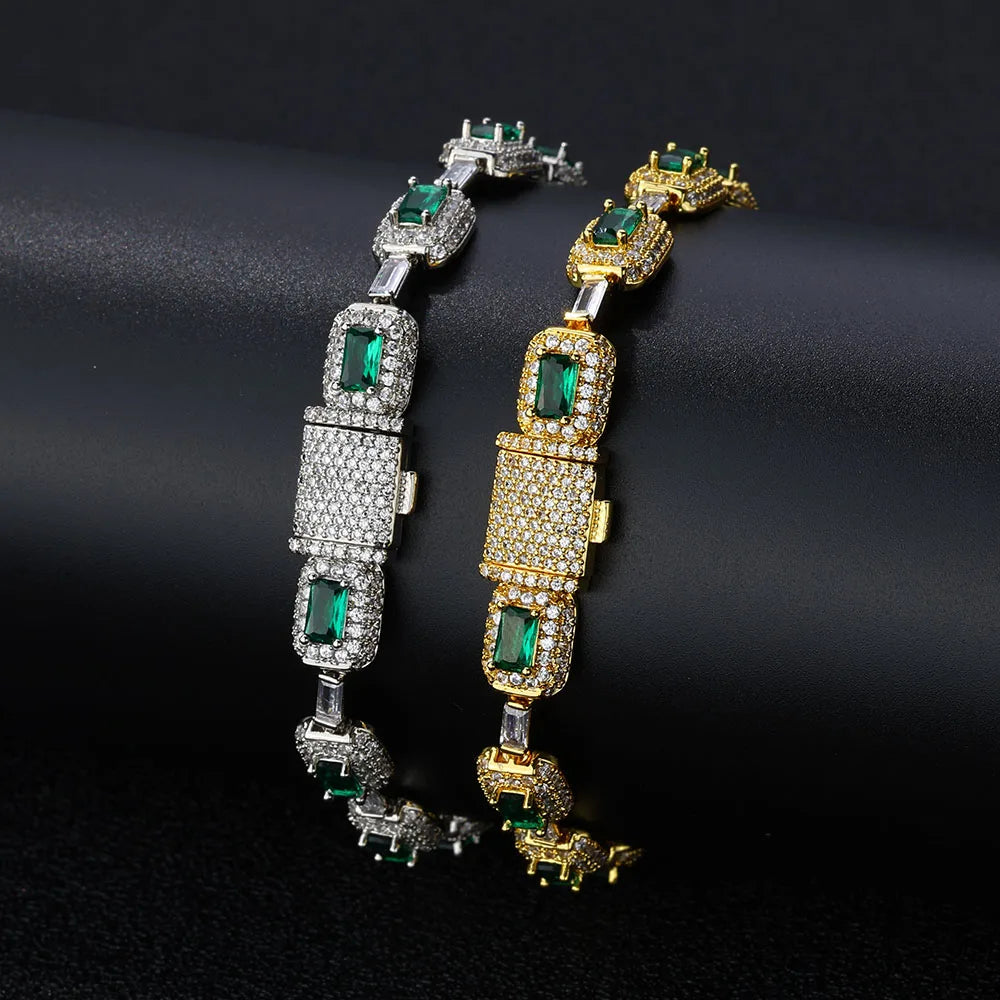 ESKEEM Fashion Jewelry Iced Emerald Cushion Cut Diamond Bracelet White Gold Inlaid Green Baguette Zircon Women's Bracelet 
