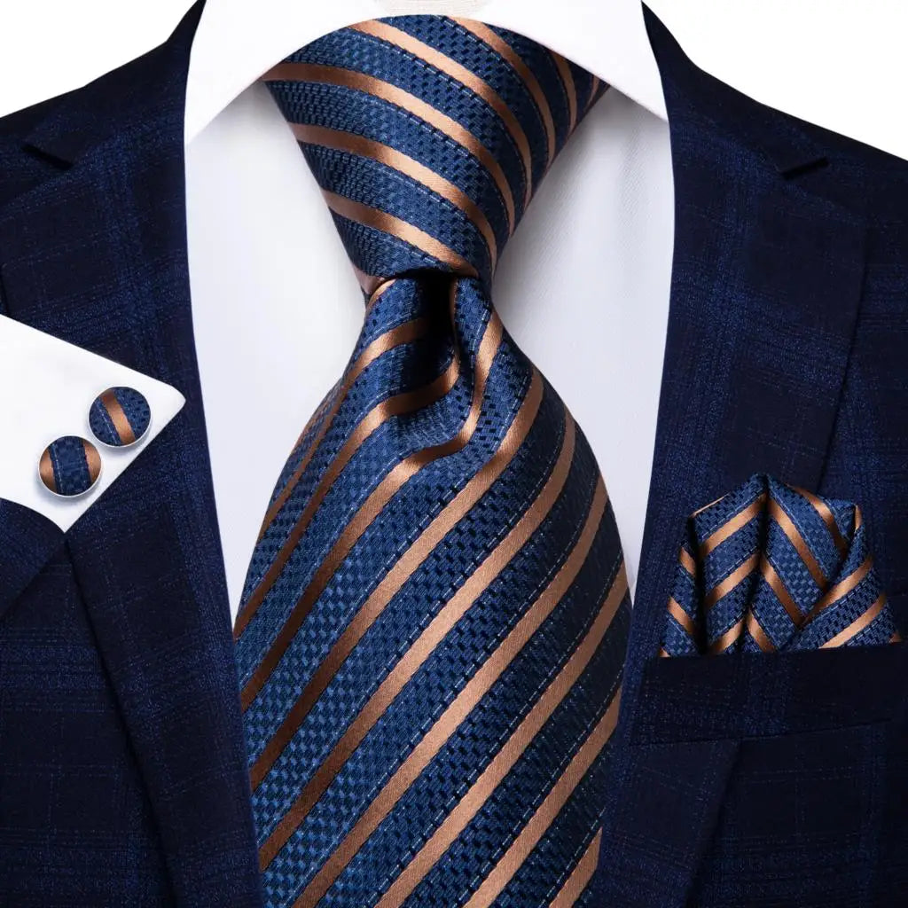 Hi-Tie Navy Blue Floral Striped Silk Elegant Tie For Men Groom Wedding Men Necktie Pocket Square Cufflink Accessory Wholesale