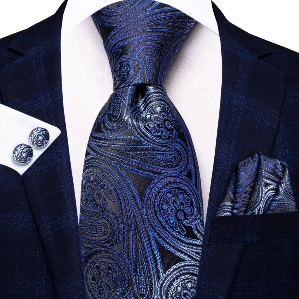 Hi-Tie Navy Blue Floral Striped Silk Elegant Tie For Men Groom Wedding Men Necktie Pocket Square Cufflink Accessory Wholesale