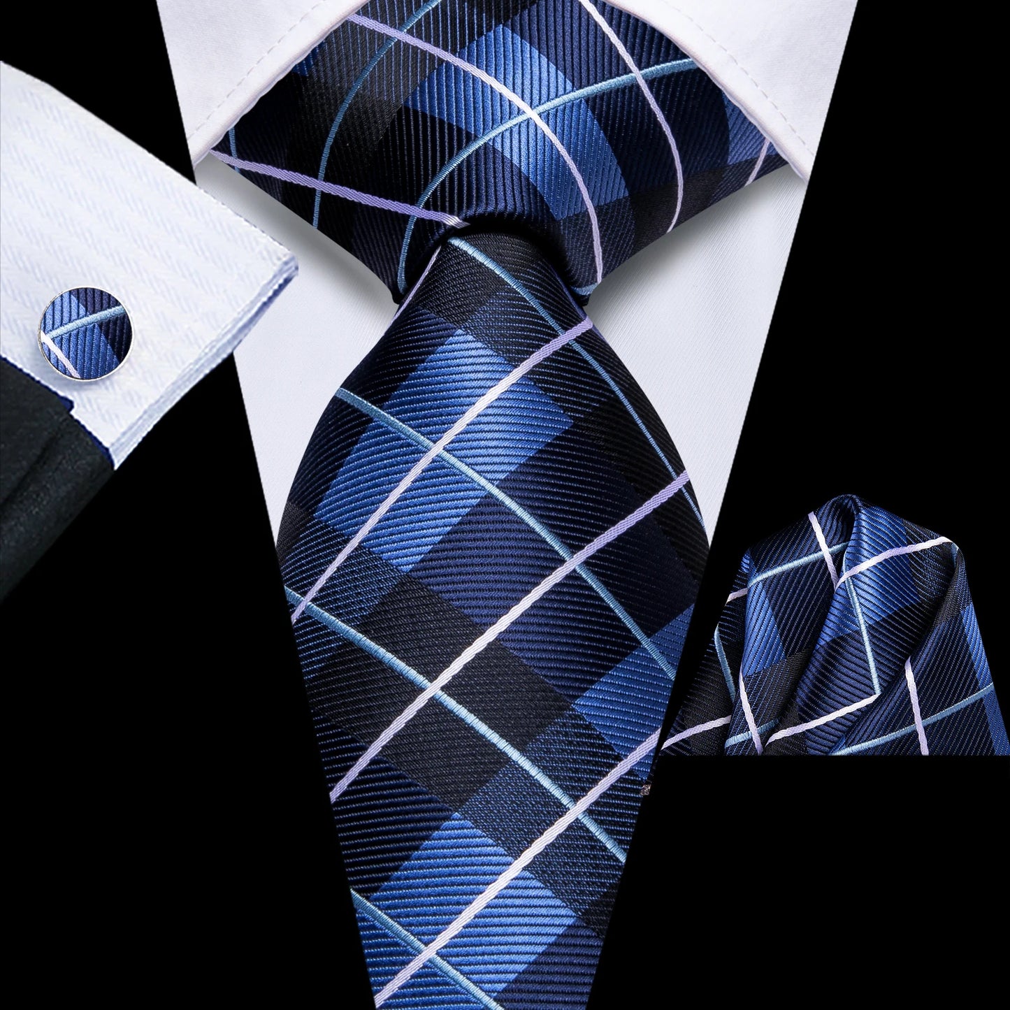 Hi-Tie Designer Grey Plaid Novelty Silk Wedding Tie For Men Handky Cufflink Gift Mens Necktie Fashion Business Party Dropshiping