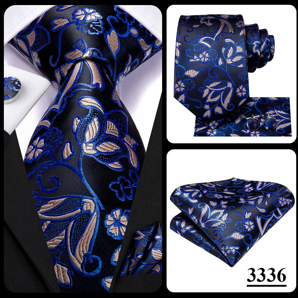 Hi-Tie Navy Blue Floral Striped Silk Elegant Tie For Men Groom Wedding Men Necktie Pocket Square Cufflink Accessory Wholesale