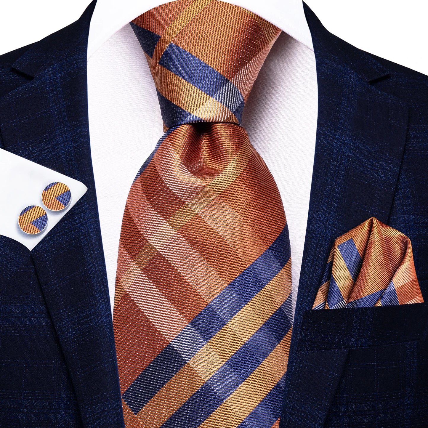 Hi-Tie Designer Silk Wedding Tie For Men Blue White Plaid Handky Cufflink Set Fashion Necktie For Men Business Party Wholesale