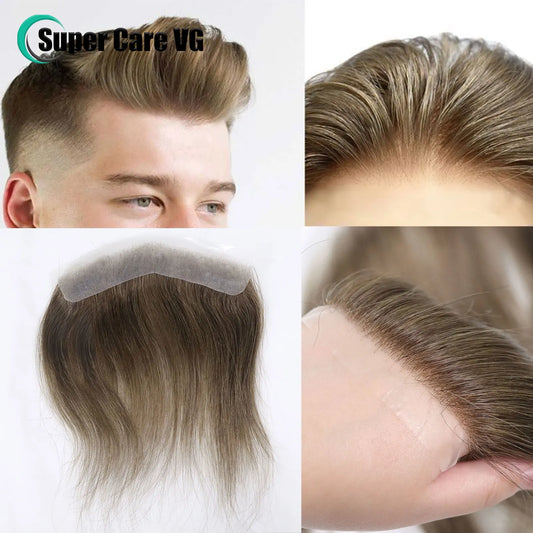 Peluca de hombre recta marrón de 0,06 mm, estilo V, línea frontal para el cabello, 15 cm, cabello humano Ult120ra, piel fina de PU, prótesis capilar para hombre