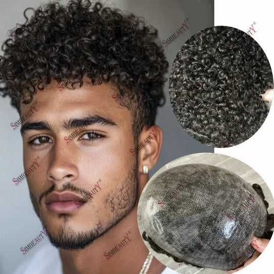 Prótesis de cabello/PU de piel completa, duradera, natural, de 15 mm, rizado afro 1B80, línea de cabello negro y gris, con 100 % cabello humano.