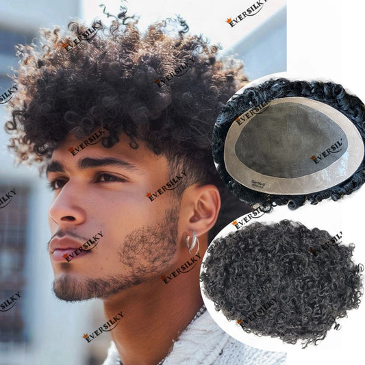 Prótesis capilar afro rizada para hombre – Base mono fina – 100 % cabello humano 